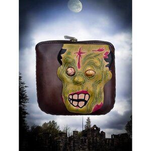 New Genuine Halloween Frankenstein 3D Handmade Belt Buckle Zip Top Wallet 6"x6"